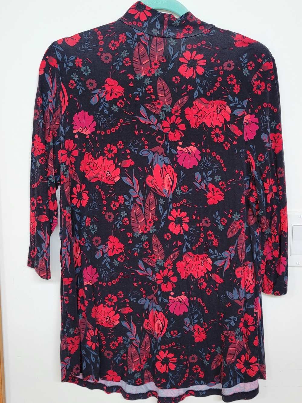 Penningtons Black Long-Sleeve Floral Mock Neck Top with Red and Pink Blooms - Picture 2 of 4